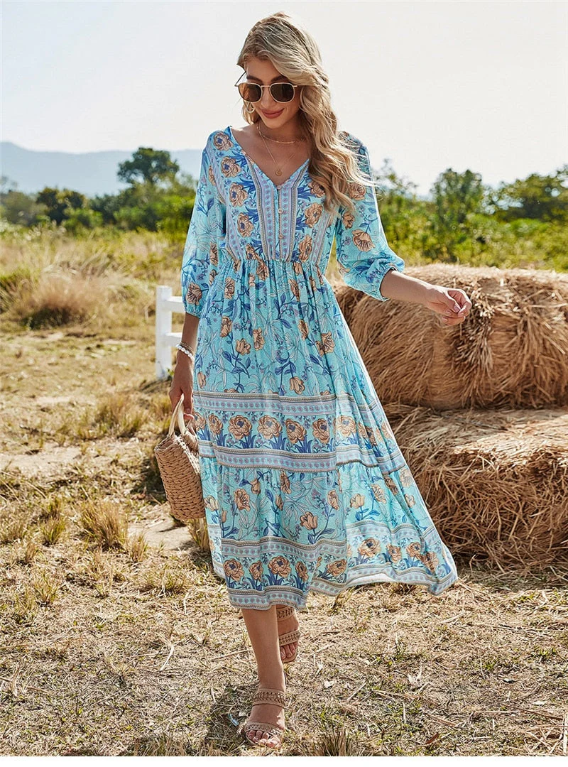 Ladies Maxi Dress – Bohemian Style – V-Neck – Three-Quarter Sleeve – Fitted – Floral Print - Image 6
