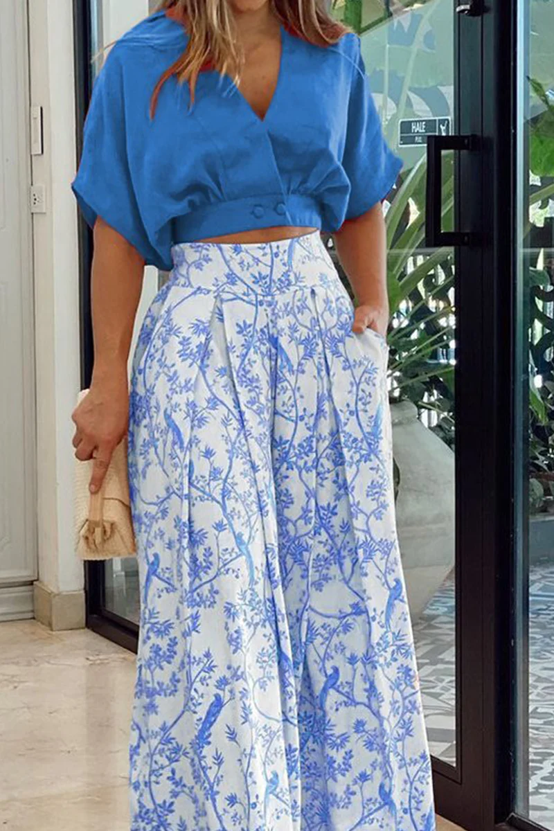 Women's Wide Pants - High Waist - Nature Print - Lightweight Cotton - With Pleats - Image 3