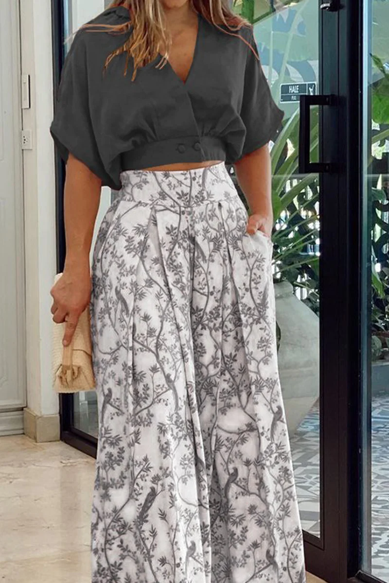 Women's Wide Pants - High Waist - Nature Print - Lightweight Cotton - With Pleats - Image 4