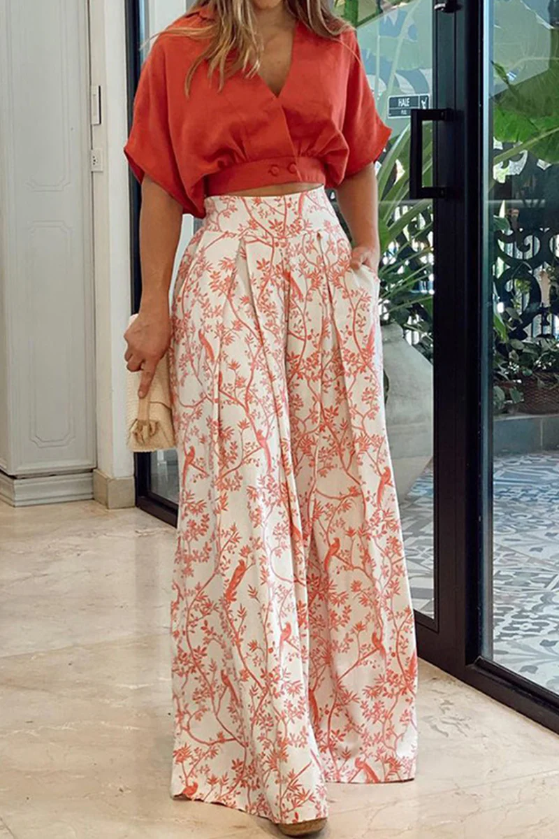 Women's Wide Pants - High Waist - Nature Print - Lightweight Cotton - With Pleats - Image 6