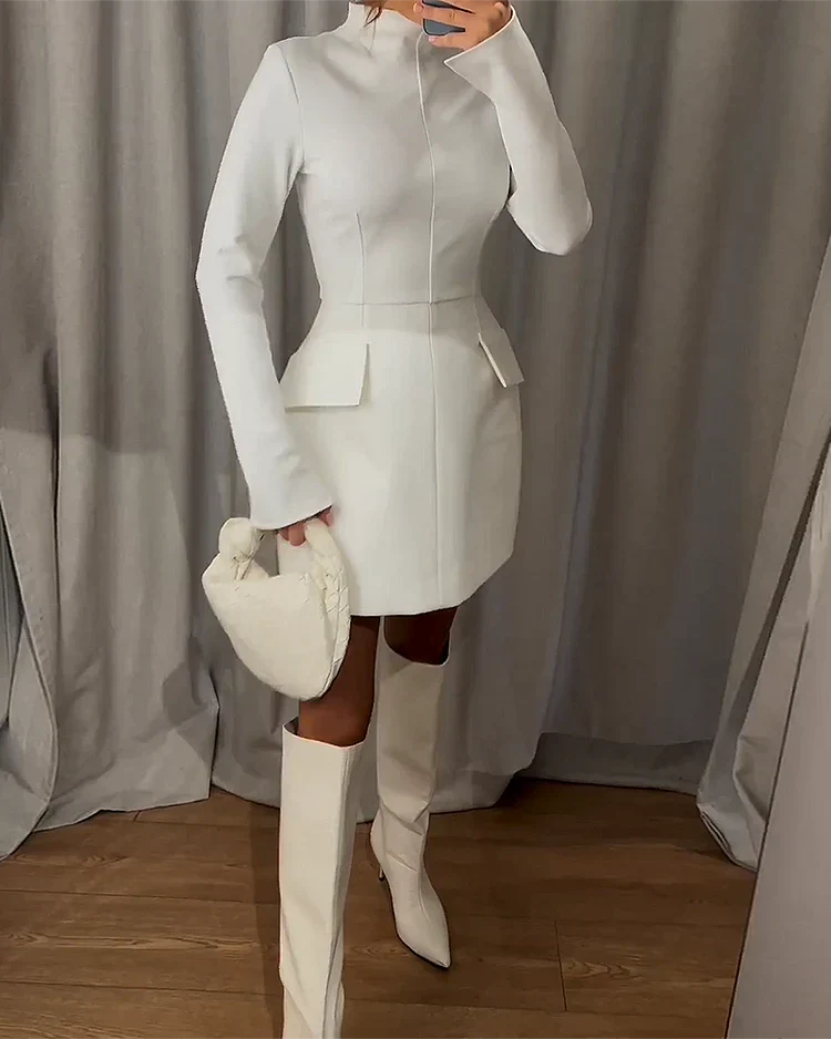 Women's Mini Dress - Tailored Fit - High Neck - Long Sleeves - Elegant Look - Image 3