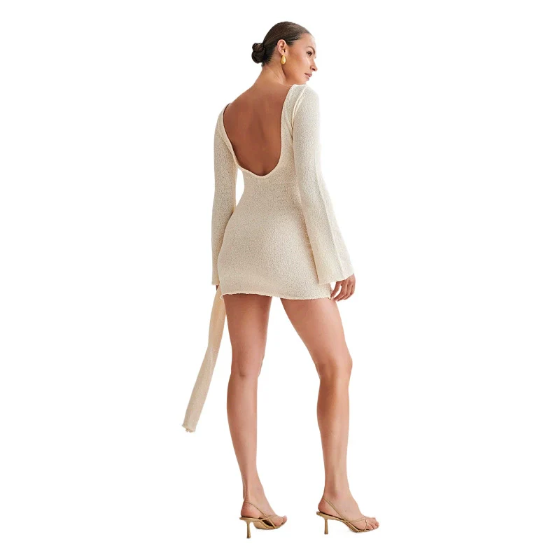 Women’s Mini Dress – Slim Fit – Long Sleeves – Asymmetrical Tie Detail - Image 2