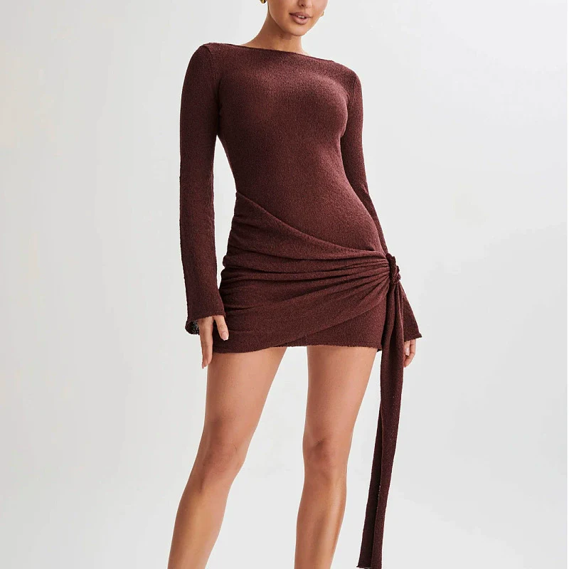 Women’s Mini Dress – Slim Fit – Long Sleeves – Asymmetrical Tie Detail - Image 5