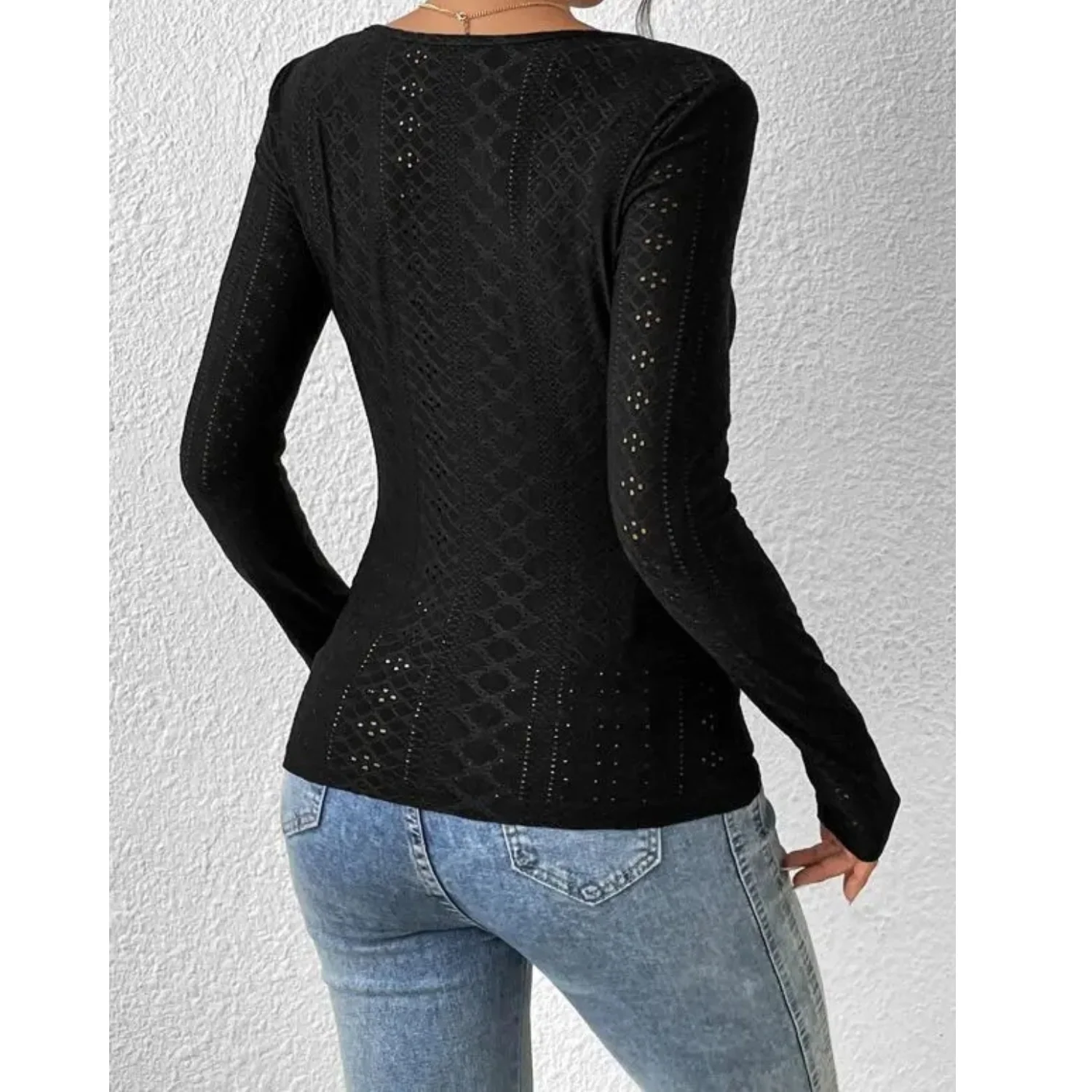 Women's Top – Lightweight Cotton – Openwork Design – Square Neck – Long Sleeve - Image 4