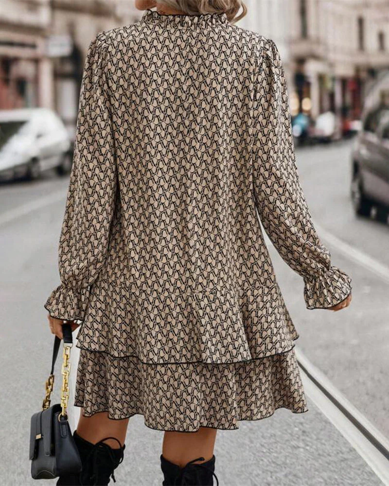 Women's Dress - V-Neck - Long Sleeves with Cuffs - Loose-Fitting - Layered Skirt - Image 4