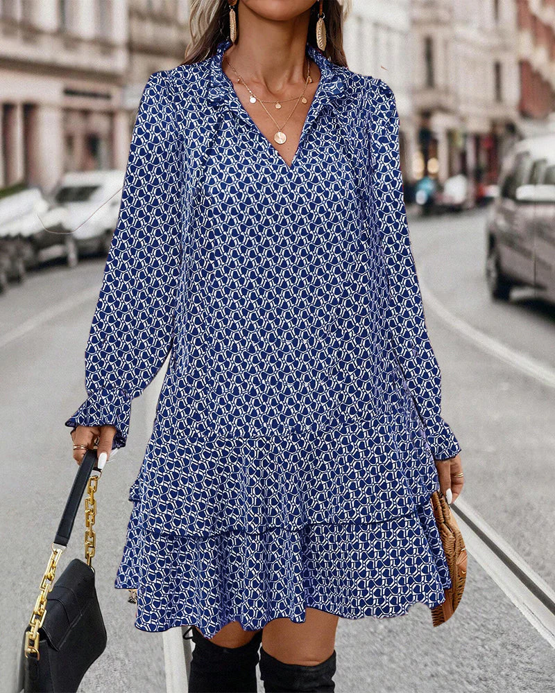 Women's Dress - V-Neck - Long Sleeves with Cuffs - Loose-Fitting - Layered Skirt - Image 6