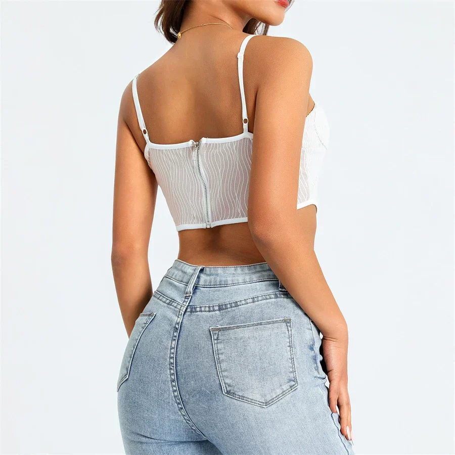 Women's Cropped Top – Mesh Design – Sweetheart Neckline – Spaghetti Straps – Figure-Hugging Model - Image 2
