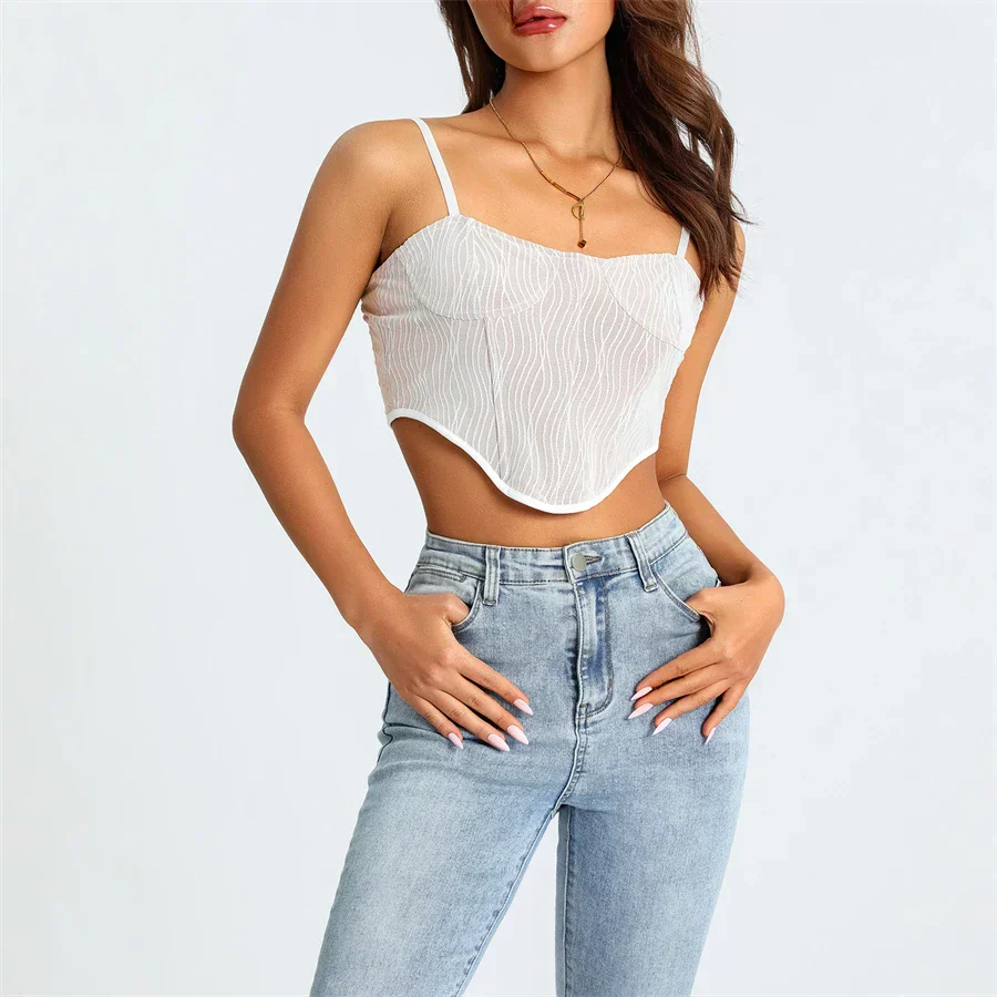Women's Cropped Top – Mesh Design – Sweetheart Neckline – Spaghetti Straps – Figure-Hugging Model - Image 3
