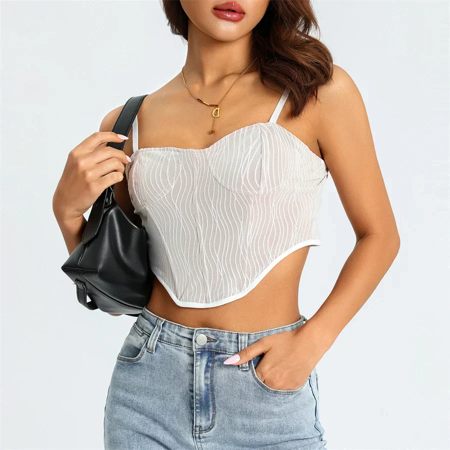 Women's Cropped Top – Mesh Design – Sweetheart Neckline – Spaghetti Straps – Figure-Hugging Model - Image 4