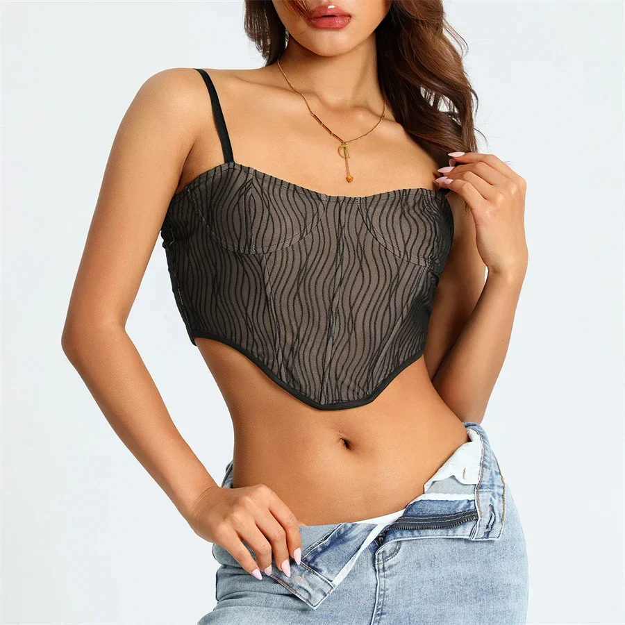 Women's Cropped Top – Mesh Design – Sweetheart Neckline – Spaghetti Straps – Figure-Hugging Model - Image 6