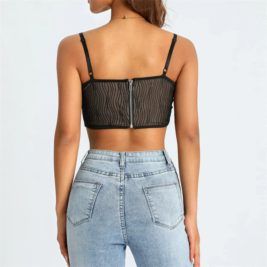 Women's Cropped Top – Mesh Design – Sweetheart Neckline – Spaghetti Straps – Figure-Hugging Model - Image 7