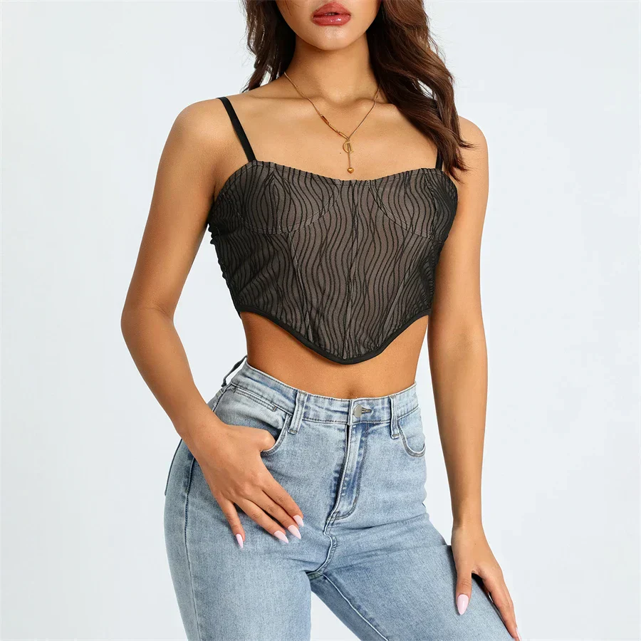 Women's Cropped Top – Mesh Design – Sweetheart Neckline – Spaghetti Straps – Figure-Hugging Model - Image 8