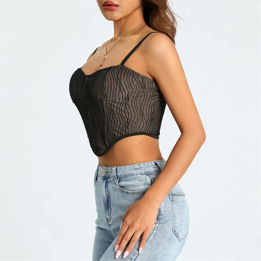 Women's Cropped Top – Mesh Design – Sweetheart Neckline – Spaghetti Straps – Figure-Hugging Model - Image 9
