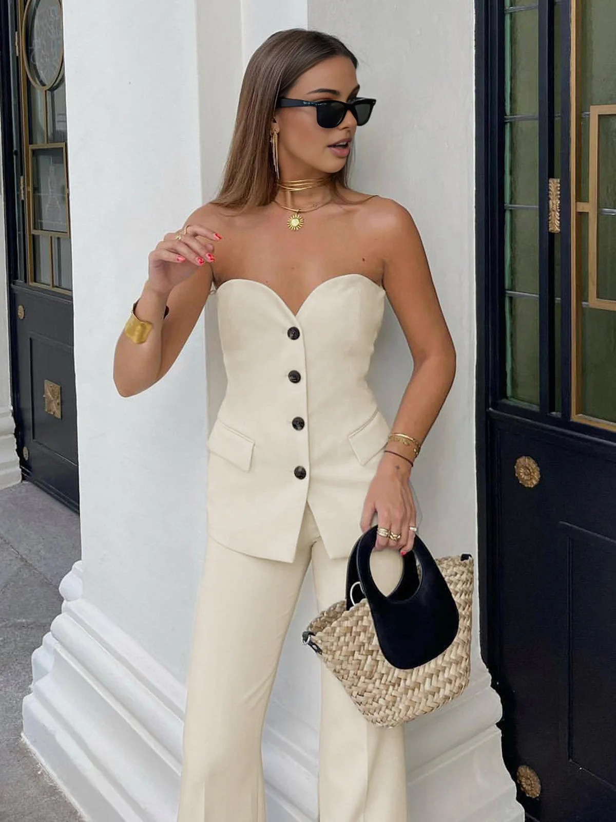 Women's Pantsuit – Strapless Corset Top – Straight Legs – Tailored Fit - Image 2