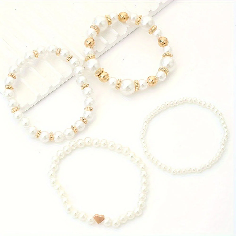 Women's Bracelet Set – Faux Pearl – Metal Accents – Elastic Fit – Elegant Design - Image 2