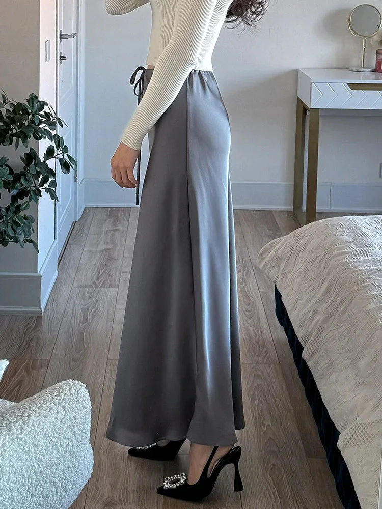 Women's Maxi Skirt - Satin Look - Adjustable Waist - Elegant Flowy Fit - Image 4