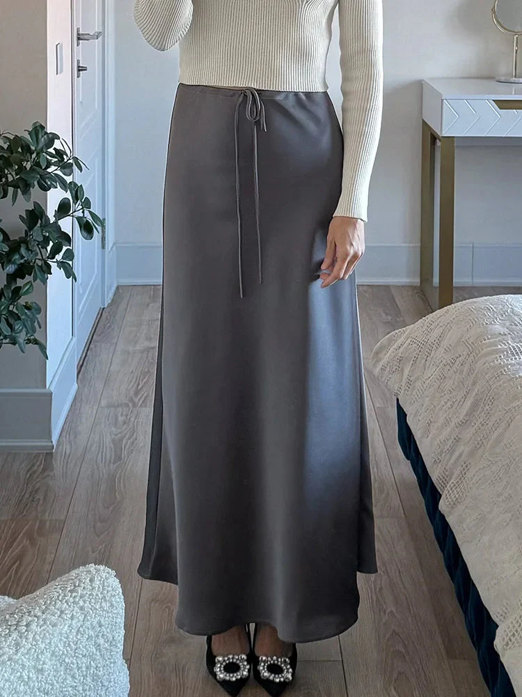 Women's Maxi Skirt - Satin Look - Adjustable Waist - Elegant Flowy Fit - Image 5