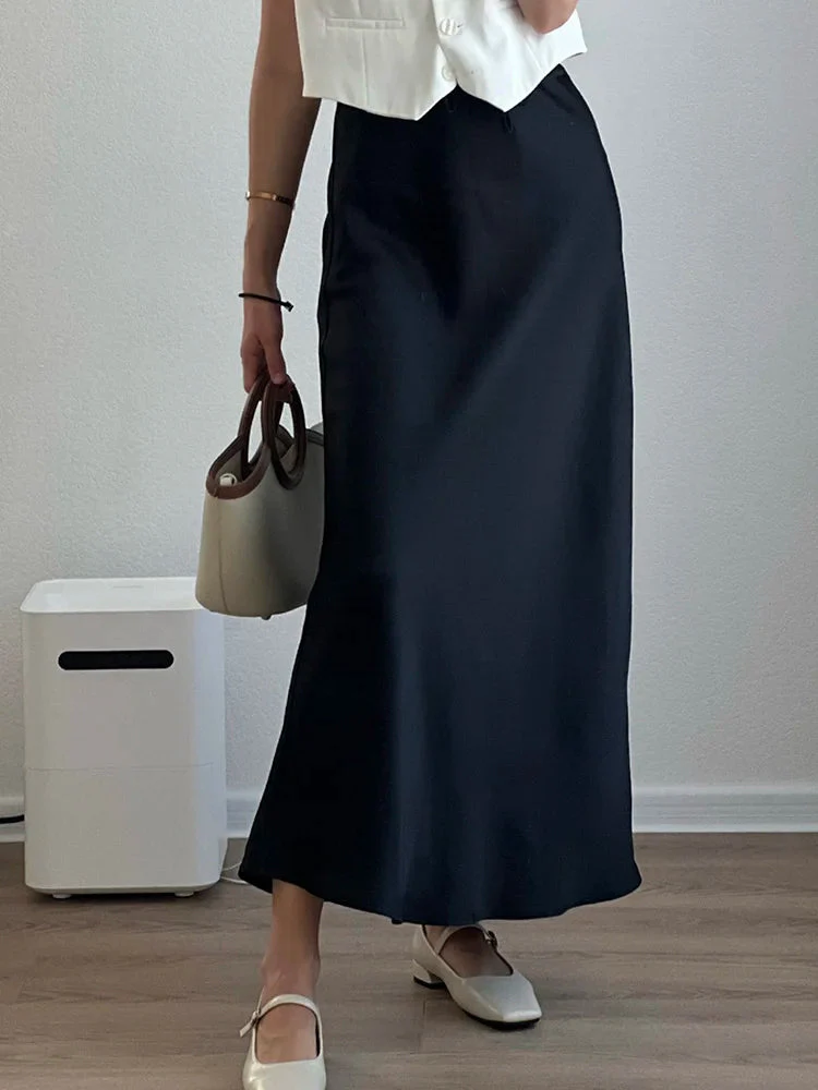 Women's Maxi Skirt - Satin Look - Adjustable Waist - Elegant Flowy Fit - Image 6