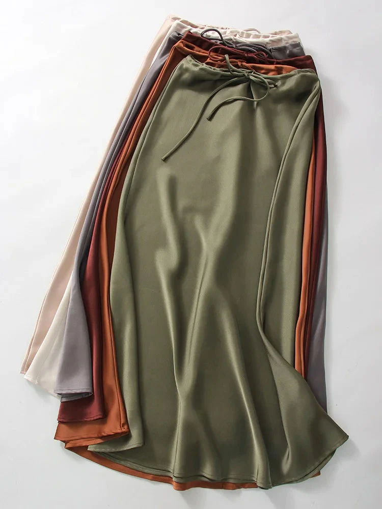 Women's Maxi Skirt - Satin Look - Adjustable Waist - Elegant Flowy Fit - Image 9