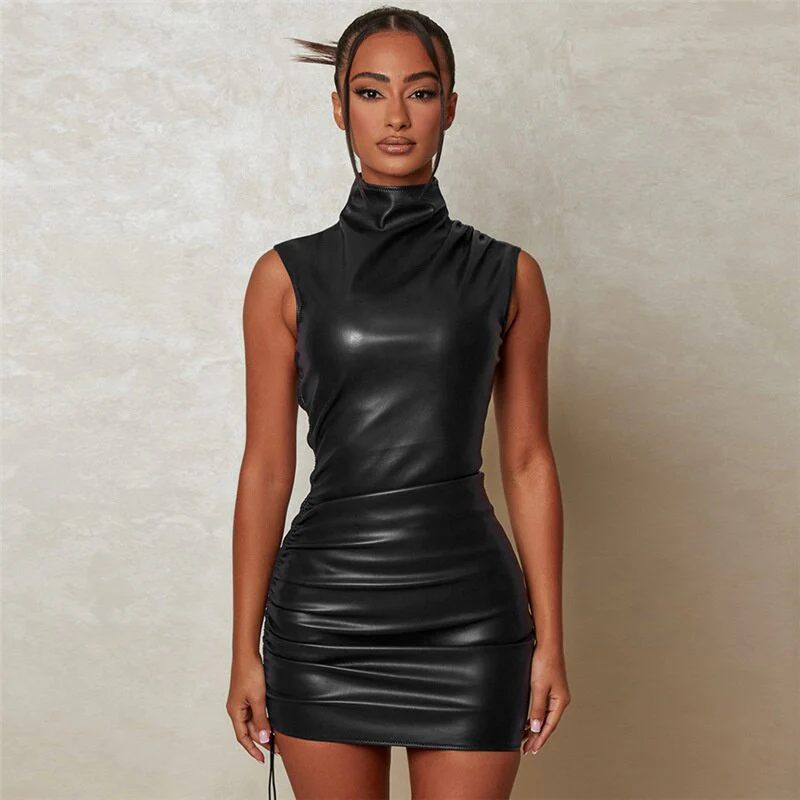 Ladies Mini Dress – Bodycon Fit – Sleeveless – High Neck – Shiny Look - Image 2