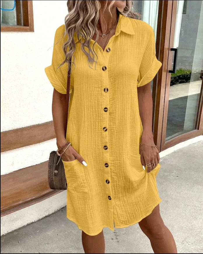Women's Shirt Dress – Cotton Linen Mix – Relaxed Fit – Short Sleeve – Front Buttons - Image 4