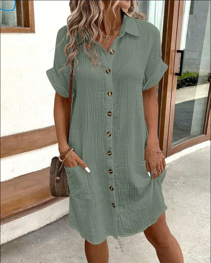 Women's Shirt Dress – Cotton Linen Mix – Relaxed Fit – Short Sleeve – Front Buttons - Image 5