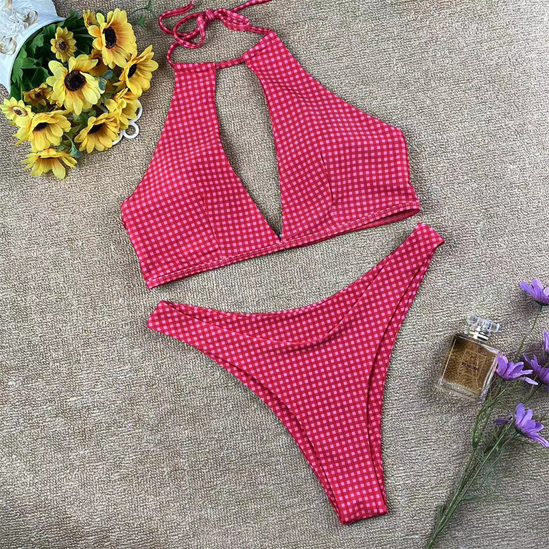 Women's Bikini Set – Halterneck Top with Keyhole – Gingham Pattern – High-Leg Brief - Image 2