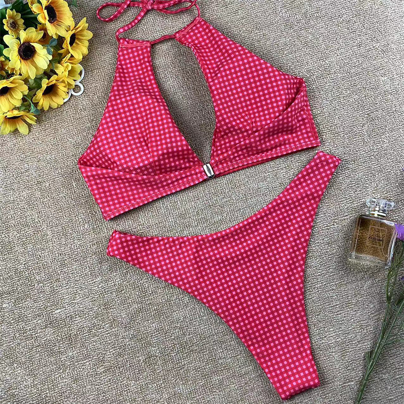 Women's Bikini Set – Halterneck Top with Keyhole – Gingham Pattern – High-Leg Brief - Image 3