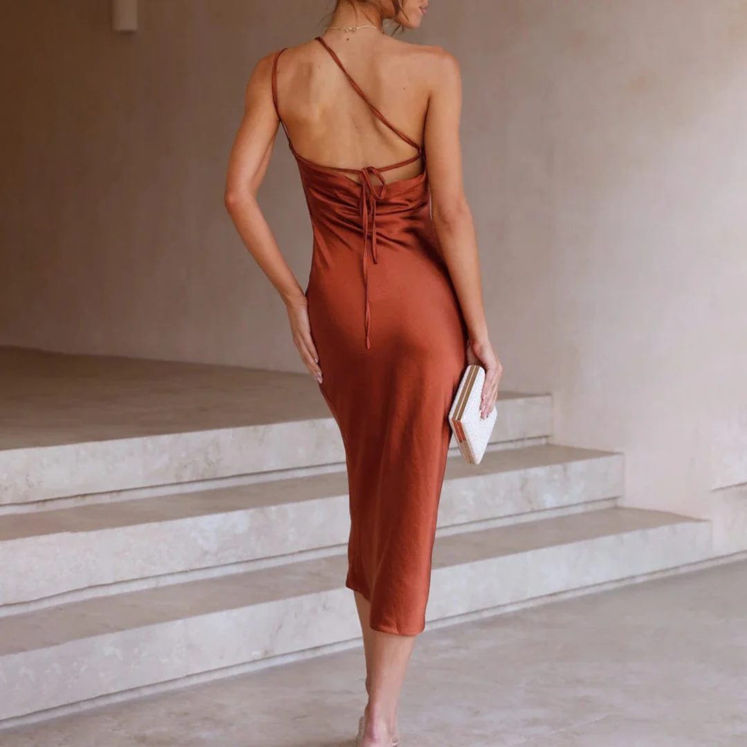 Women's Slip Dress - Satin Sheen - Asymmetrical Neckline - Spaghetti Strap - Midi Length - Image 3
