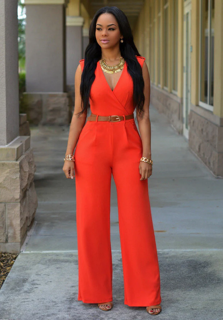 Ladies Jumpsuit - V-Neck - Sleeveless - Wide Legs - Fitted With Belt - Image 3