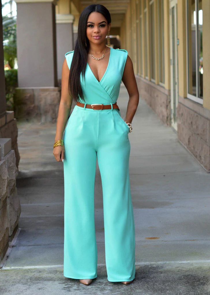Ladies Jumpsuit - V-Neck - Sleeveless - Wide Legs - Fitted With Belt - Image 5