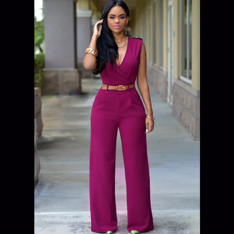 Ladies Jumpsuit - V-Neck - Sleeveless - Wide Legs - Fitted With Belt - Image 6