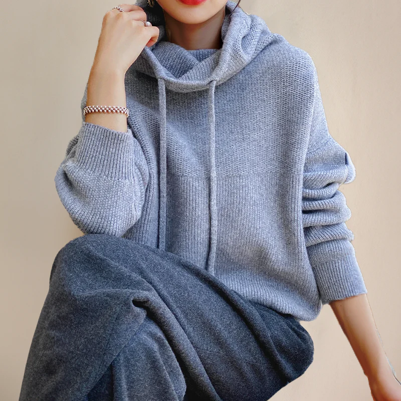 Women's Knitted Hoodie – Oversized Fit – High Collar with Drawstring – Comfort Fit - Image 4