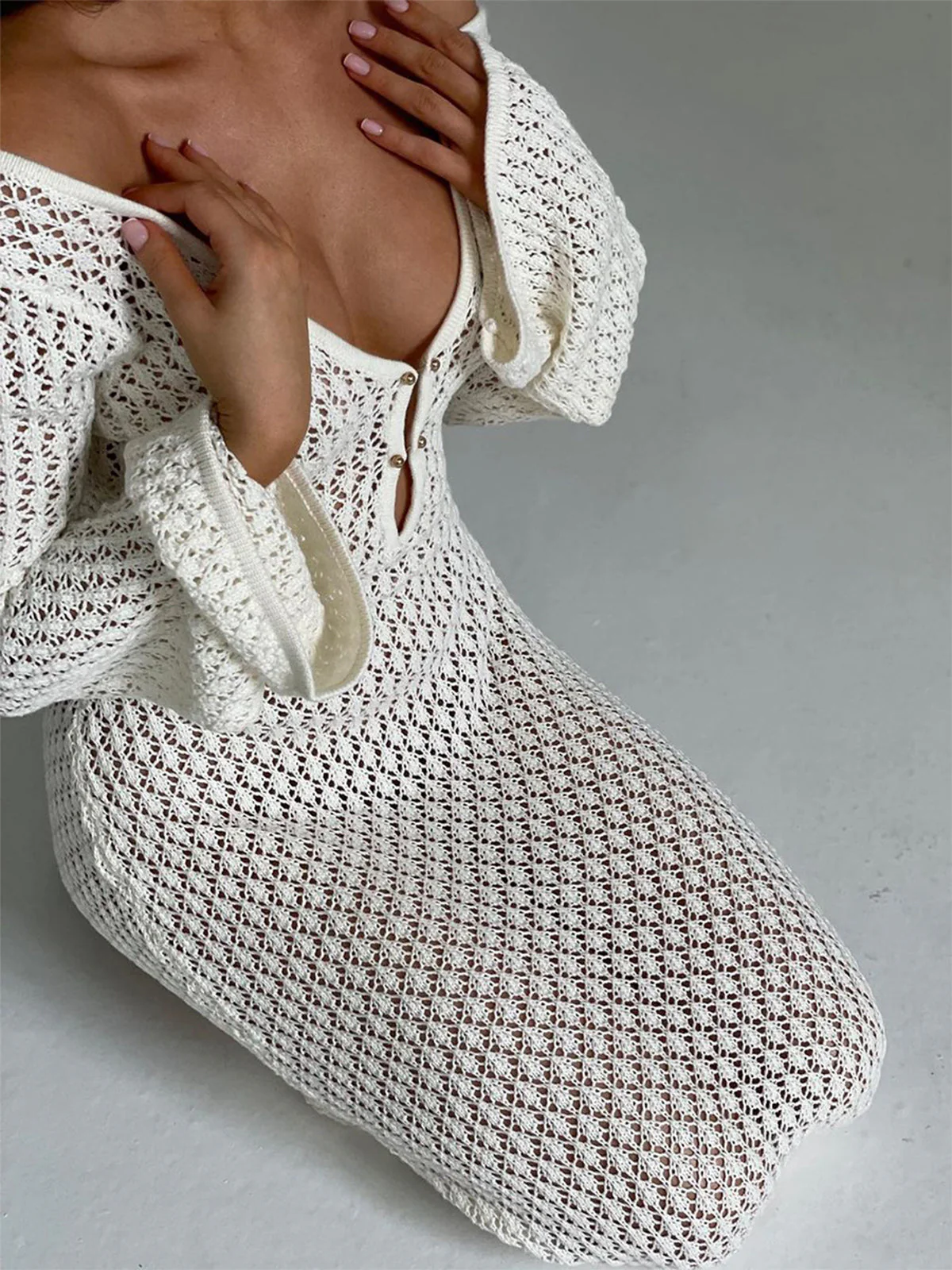 Ladies Maxi Dress – Crocheted Design – V-Neck with Tie Detail – Loose Fit - Image 6