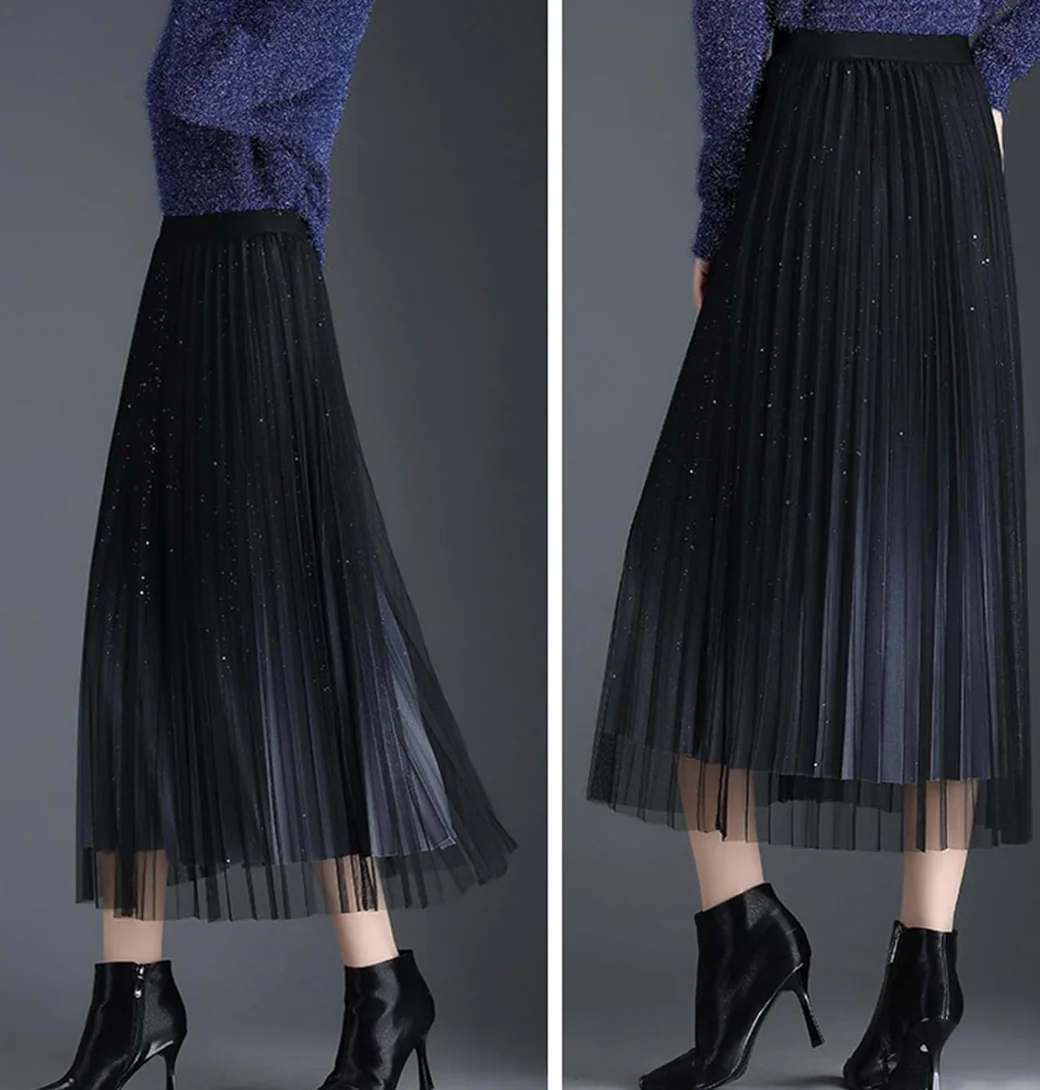 Women's Midi Skirt - Pleated Design - Semi-Transparent - Layered Elegant Style - Image 4