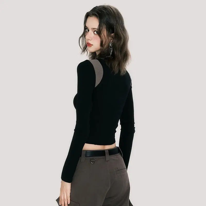 Women's Crop Top – Long Sleeves – Round Neck – Sheer Shoulder Panels – Slim Fit - Image 2