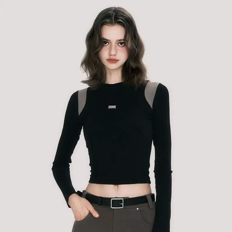 Women's Crop Top – Long Sleeves – Round Neck – Sheer Shoulder Panels – Slim Fit - Image 3